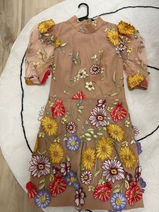Elliatt Dresses & Skirts - Elliatt Floral Embroidered Tan Dress with Yellow, Red & Purple Accents